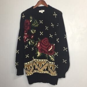 Vintage Spirit Shetland wool long line rose grandmacore knit tunic sweater sz M